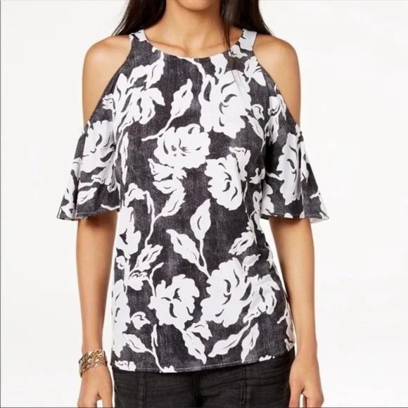 INC International Concepts Cold Shoulder Floral Print Blouse - Size Large NWT - Picture 1 of 3